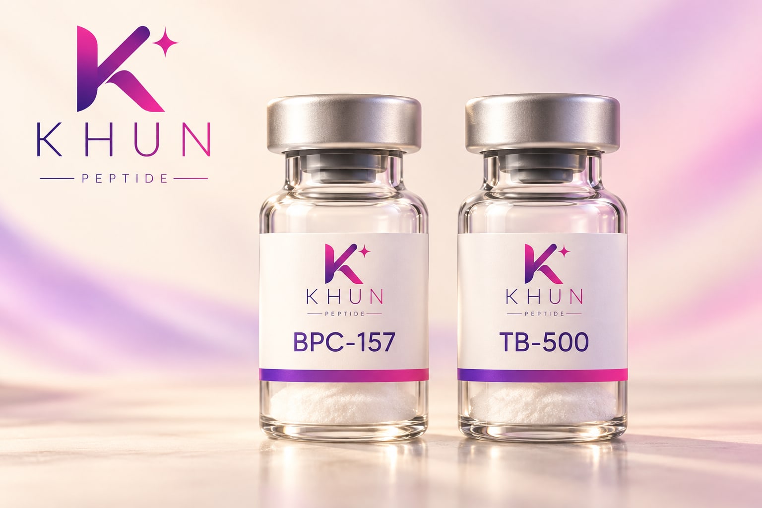 BPC-157 and TB-500 vials with purple and pink KHUN PEPTIDE branding, displayed side by side against an ivory background.
